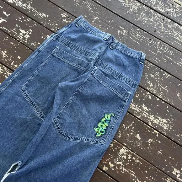 (32x28) Vintage 90s Y2K JNCO Jeans Scroll Embroidered Faded Distressed - Picture 3 of 8